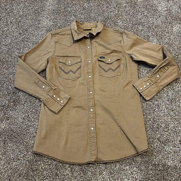Wrangler Shirt Womens Medium Brown Western Pearl Snap Rodeo Long Sleeve Khaki - Picture 3 of 12
